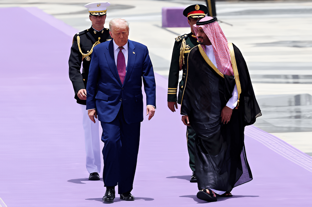 Donald Trump on a royal purple carpet during his Riyadh visit, symbolizing a pivotal shift in US foreign policy