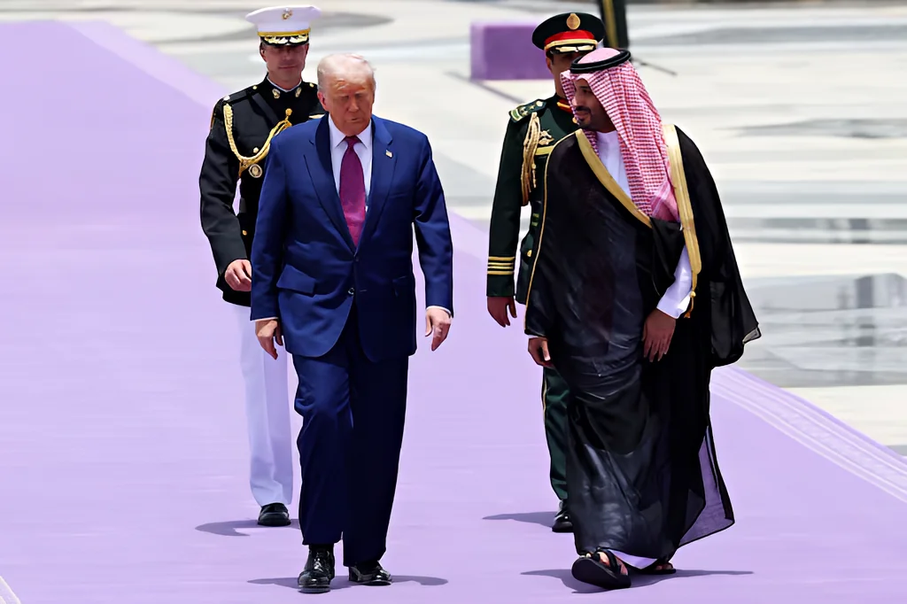 Donald Trump on a royal purple carpet during his Riyadh visit, symbolizing a pivotal shift in US foreign policy